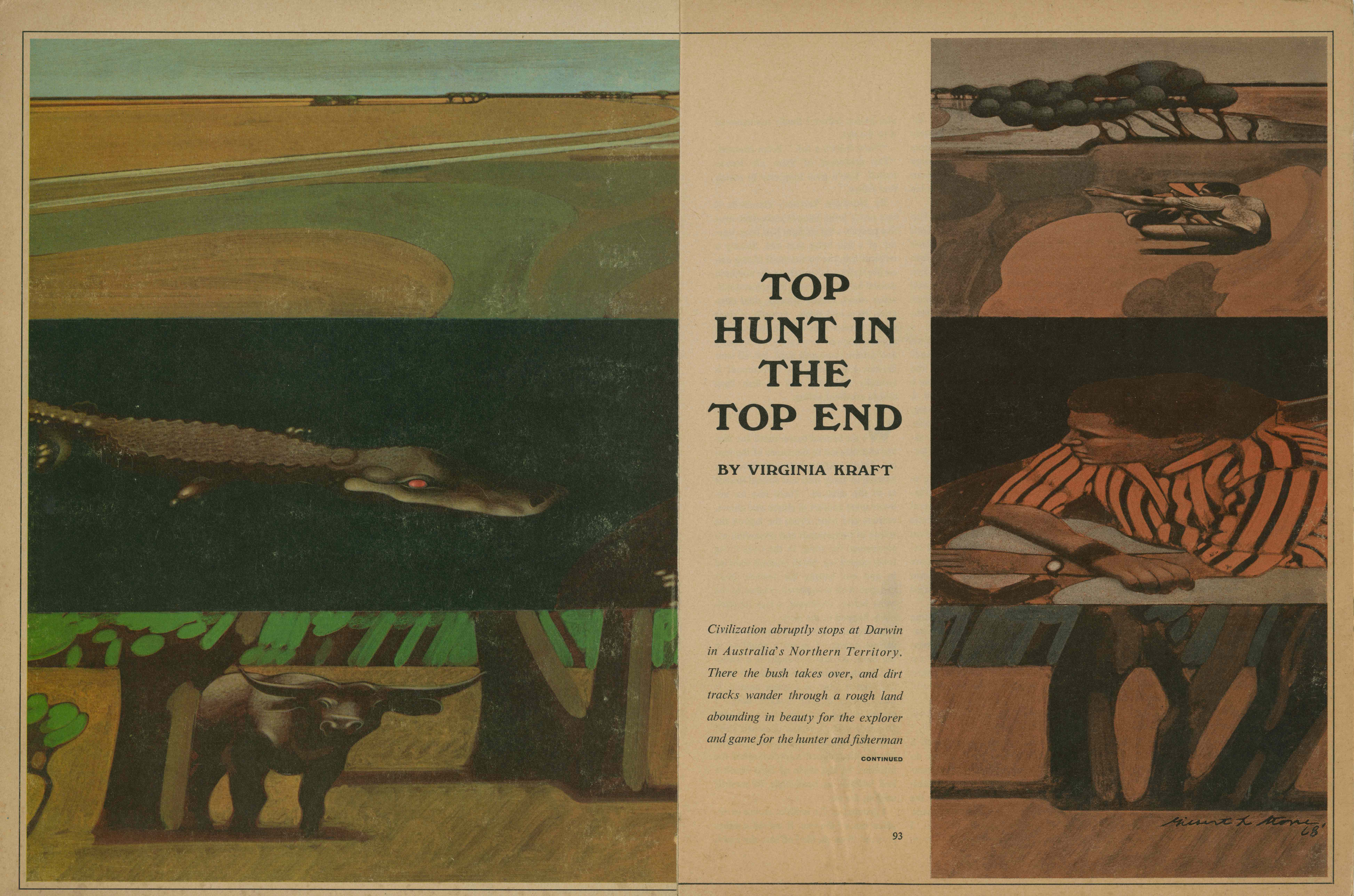 Six panels of Australian bush territory, including landscapes and a bull-like animal